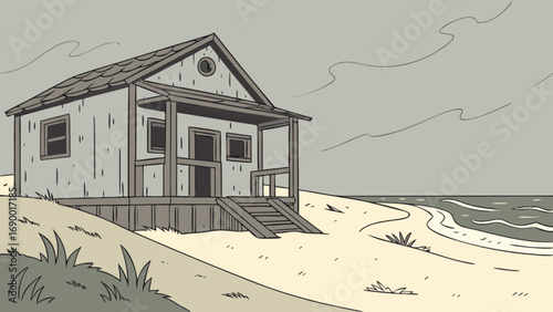 Seaside beach house illustration with ocean view and cloudy sky in neutral tones for coastal design