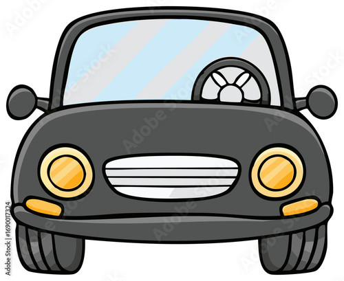 Cartoon illustration of a black car from front view, headlights illuminated, windshield.