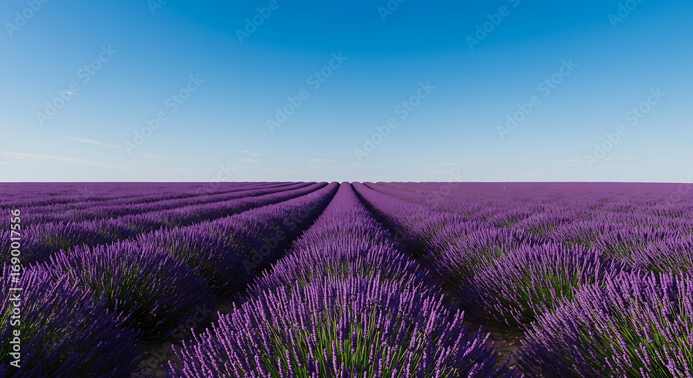Obraz premium Expansive lavender field stretches to the horizon under a clear blue sky, showcasing rows of purple blooms.