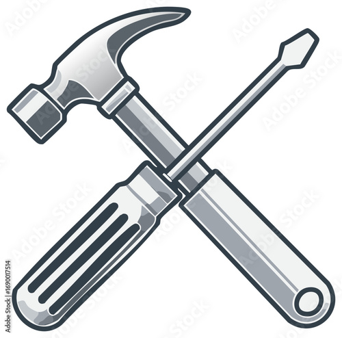 Hammer and screwdriver crossing illustration, carpentry and construction tools, do it yourself symbol, fix and repair equipment