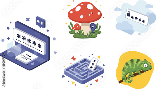 Cute password cartoon, digital privacy icons, internet security art, data protection graphic, login screen art, secure access cartoon, tech chameleon