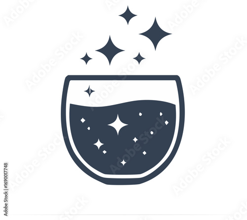 Sparkling liquid in a clear glass with radiating stars