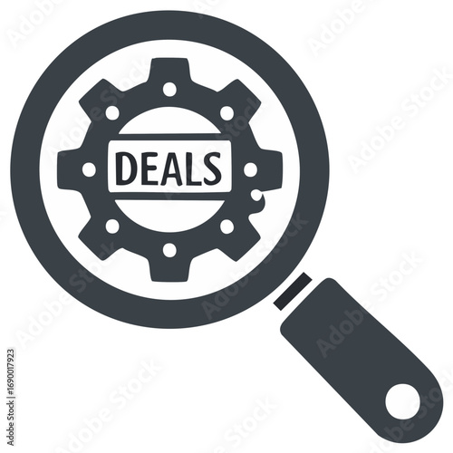 Magnifying glass over a gear with the word deals. Icon for searching for special offers, sales, and discounts.