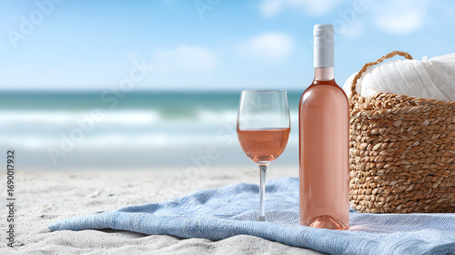 A refreshing bottle of rose wine rests on a beach blanket, accompanied by a glass, perfect for a sunny day by the sea.