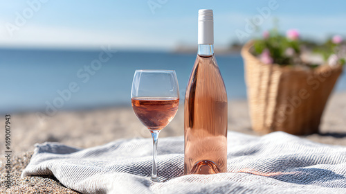 A refreshing image of a bottle of rose wine and a glass on a sandy beach, perfect for summer relaxation and enjoyment.