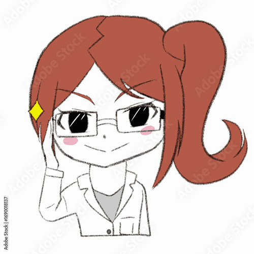 白衣を着た女性が眼鏡を持ち上げている
