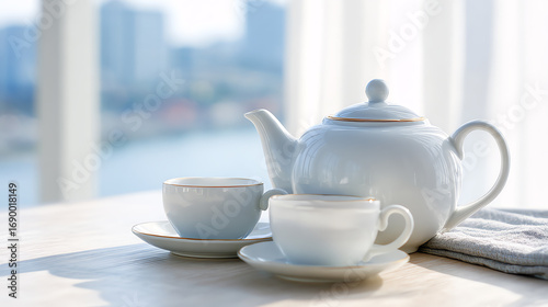Wallpaper Mural A serene scene featuring a white teapot and cups placed on a wooden table with a city skyline in the background. Torontodigital.ca