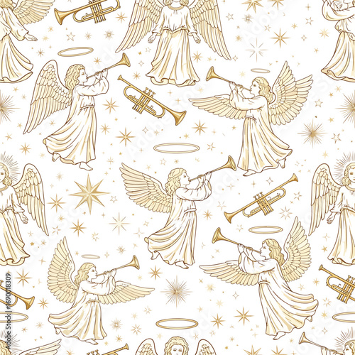 Angelic Choir Seamless Pattern Golden Trumpets and Starry Celestial Design, patern seamless, Stock royalty.