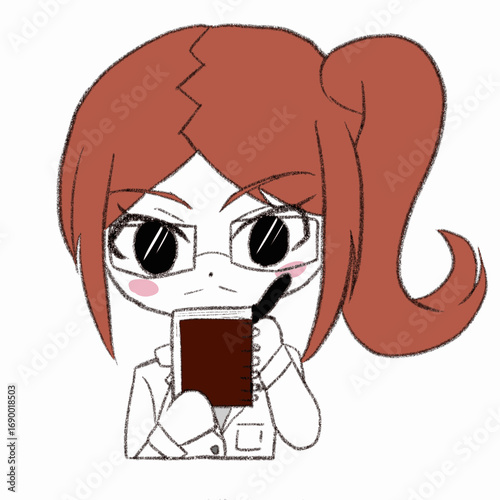 白衣を着た女性がメモを取っている