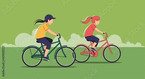 Two young children enjoying a leisurely bicycle ride through a grassy park on a sunny day