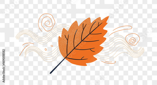 Autumn leaf illustration with whimsical windy swirls and golden autumn elements
