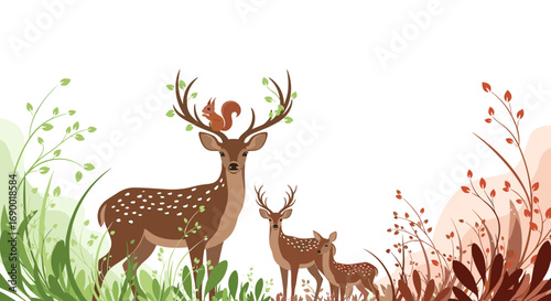 A majestic stag with a squirrel companion leads its family through a beautiful natural landscape filled with lush green and warm red foliage