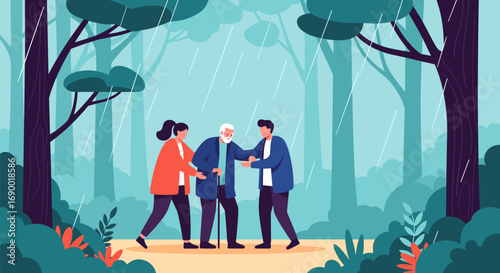 Two young people help an old man walk through a forest during a rain shower