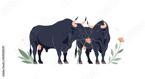 Two powerful black bulls standing gracefully amidst lush greenery and delicate pink flowers