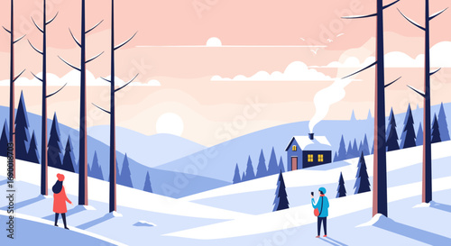 A cozy winter scene with snow covered hills and a remote cabin