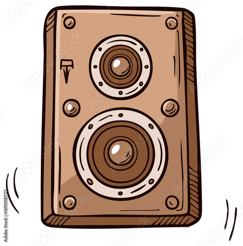 Sound System Cartoon Illustration of Speaker with Loudspeakers and Graphic Waves
