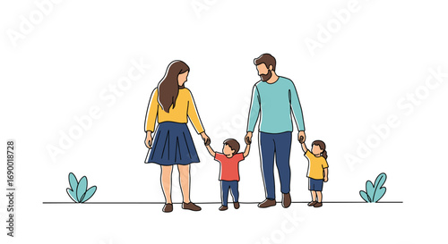 A loving family with parents and two young children walking happily together outdoors