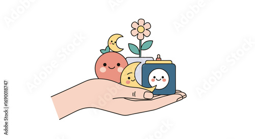 A gentle hand offering a collection of adorable cosmic and floral elements