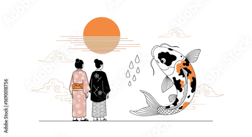 Two people in traditional japanese attire admire a majestic koi fish leaping towards a setting sun