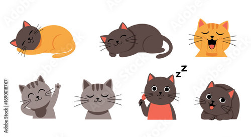 Collection of cute cartoon cats expressing various emotions and activities delightful feline friends in animated style