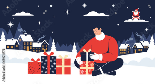 A man is preparing gifts for christmas while sitting in a snowy village under the night sky