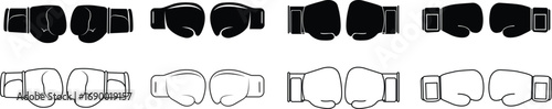 Boxing gloves silhouette icons set, sports fighting equipment symbols, martial arts training gym accessories black flat and outline vectors designs collection for fitness competition illustration.