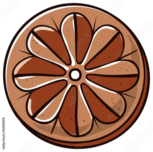 Stylized illustration of a round, sliced citrus fruit with brown and beige segments resembling a decorative pattern