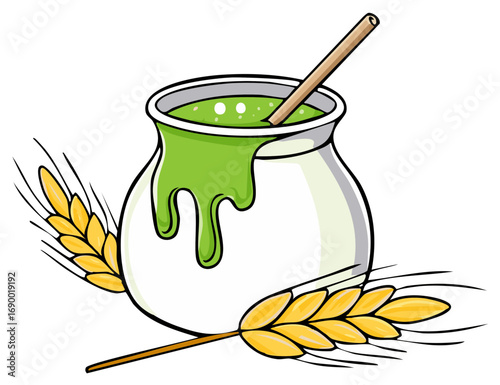 Traditional yerba maté tea in a calabash gourd with a bombilla straw and wheat stalks.