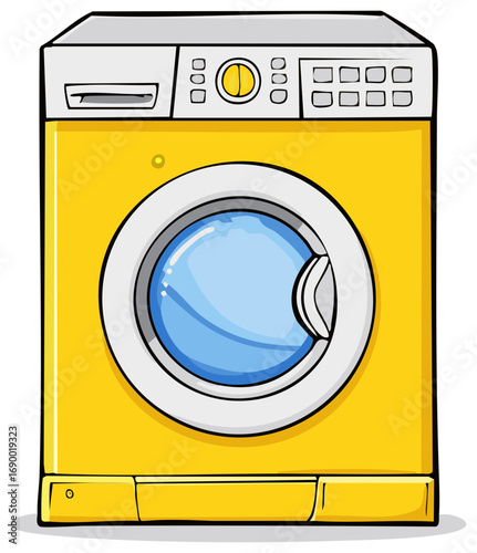 Cartoon illustration of a yellow washing machine