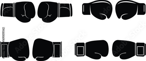 Boxing gloves silhouette icons set, sports fighting equipment symbols, martial arts training gym accessories black flat styles vectors designs collection for fitness competition illustration.