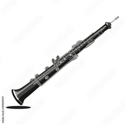 Artistic drawing of a black oboe, highlighting its metallic keys and elegant design