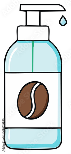 Liquid soap bottle featuring coffee bean design, emphasizing hygiene, aromatherapy, wellness, and natural ingredients