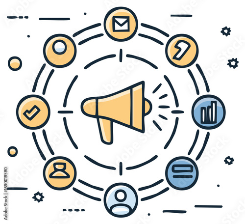 Integrated marketing communication system with megaphone in the center and surrounding interface icons