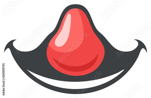 Cartoon clown nose and smiling mouth on dark face mask with pointed ears