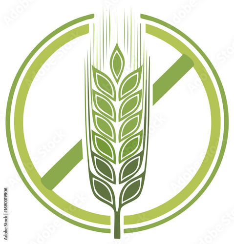 Vibrant green stylized wheat ear icon inside a crossed out circle symbolizing a gluten free diet and healthy food