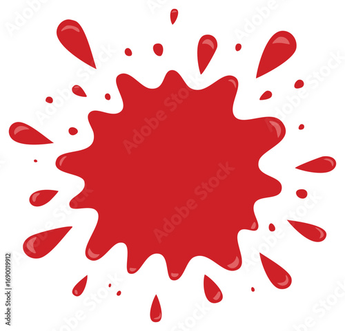 Cartoon red liquid splash or paint splat with messy drops vector illustration