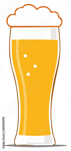 Pilsner glass vector with light beer, bubbles, and generous foamy head, refreshing beverage, light brown edges, clean lines, beer isolated