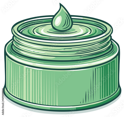 Green cosmetic cream jar with pure hydrating droplet and ripple effect illustration