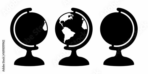 Three black globes on stands showing different sides of the earth in a simple graphic illustration | editable eps vectors silhouette
