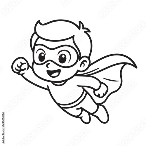 Vector illustration of a cute little child dressed as superhero, black and white artwork with bold black outline, symbolizing innocence, courage, imagination, and playfulness.