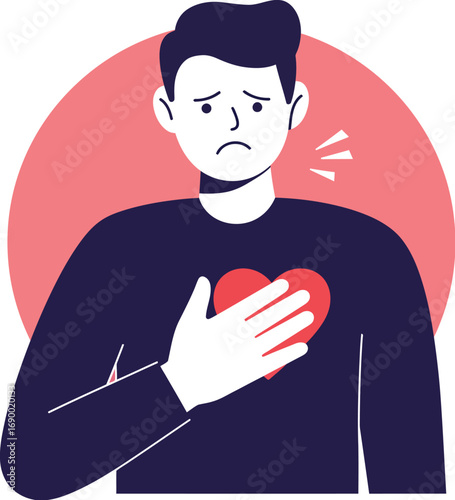 A sad man clutching his chest, a red heart symbol, depicting emotional distress.