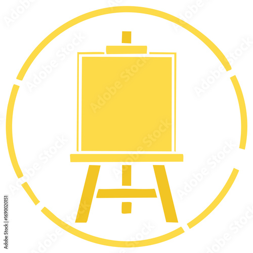 Yellow art easel and blank canvas icon within a dashed circle for creativity and inspiration