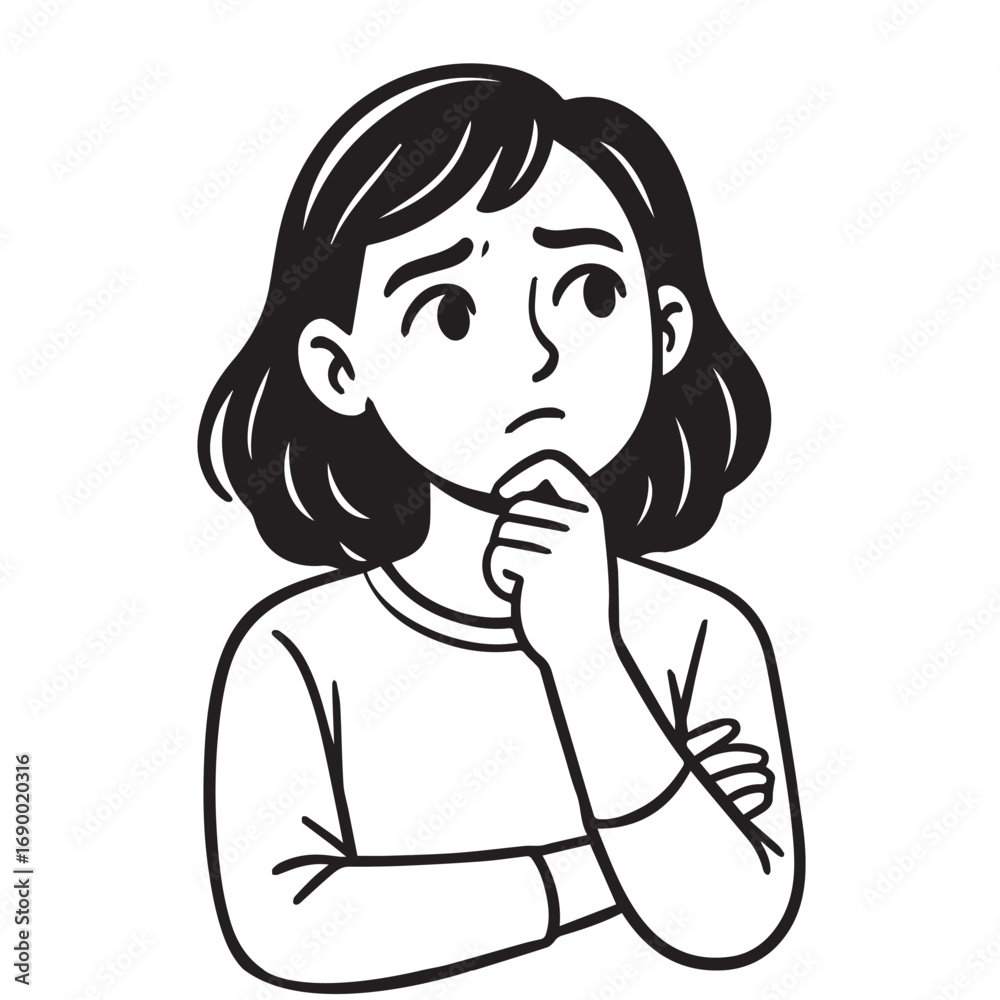 Elegant vector drawing of young woman’s confused face, black and white illustration with solid black outline, emphasizing emotion, expression, thought, and human uncertainty. Elegant vector drawing of young woman’s confused face, black and white illustration with solid black outline, emphasizing emotion, expression, thought, and human uncertainty.