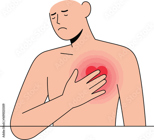 A person experiencing chest pain, holding their chest, with a glowing heart illustration.