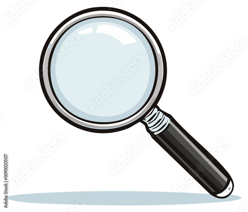 Cartoon illustration of a magnifying glass with a black handle, isolated on white.