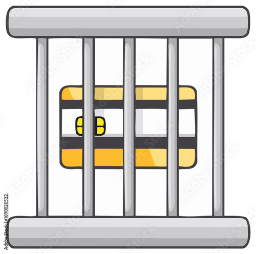 Payment card locked behind metal prison bars symbolizing financial debt and economic restriction