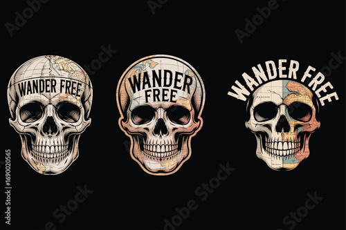 Three skulls with world map details and text human skull