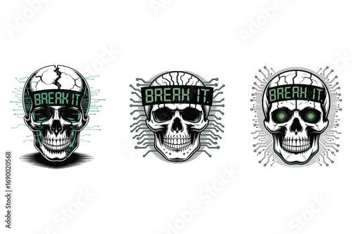 Cracked skull with circuit board and digital text vector