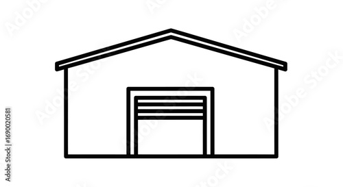Black and white line art icon of a warehouse or self-storage unit with a roll-up door.