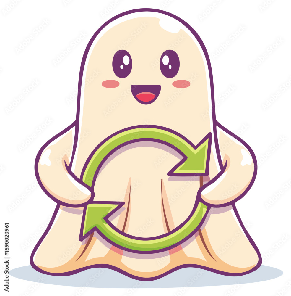 Fototapeta premium Kawaii Ghost Holding Green Recycle Symbol for Halloween or Environmental Concepts